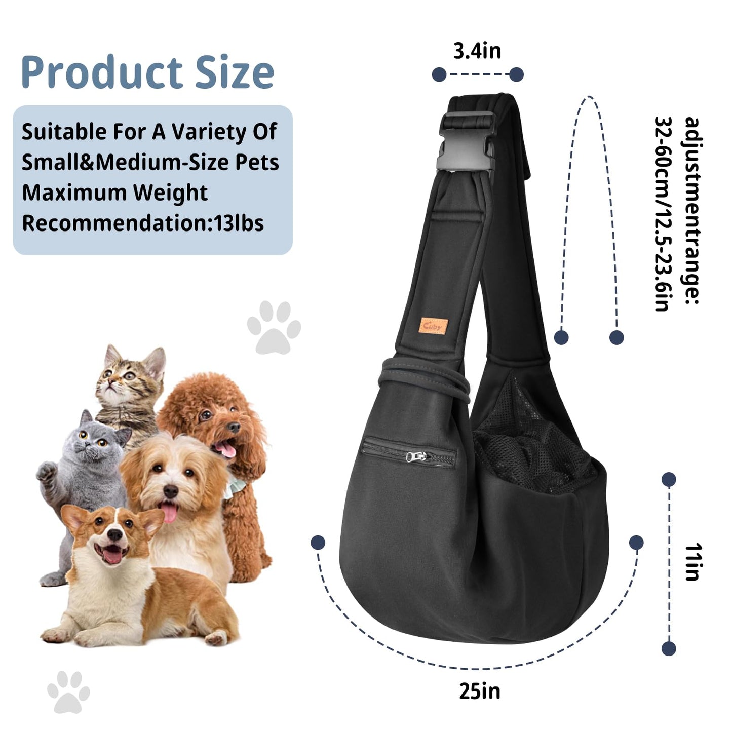 CUBY Dog and Cat Sling Carrier - Small Dog Carrier Sling with Adjust Strap & Zip Pocket, Hands Free Soft Dog Slings for Small Dogs Cats Puppy Pets Outdoor Travel Safety Purse Bag (Black)