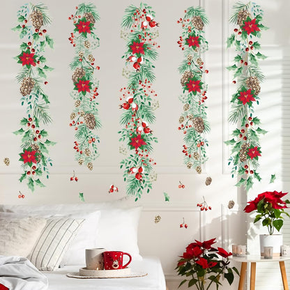 Christmas Garlands Wall Stickers Christmas Pine Cones Red Berry Vine Wall Decals Hanging Poinsettia Green Leaves Flower Window Decals for Xmas Winter Party Home Office Classroom Festival Decoration