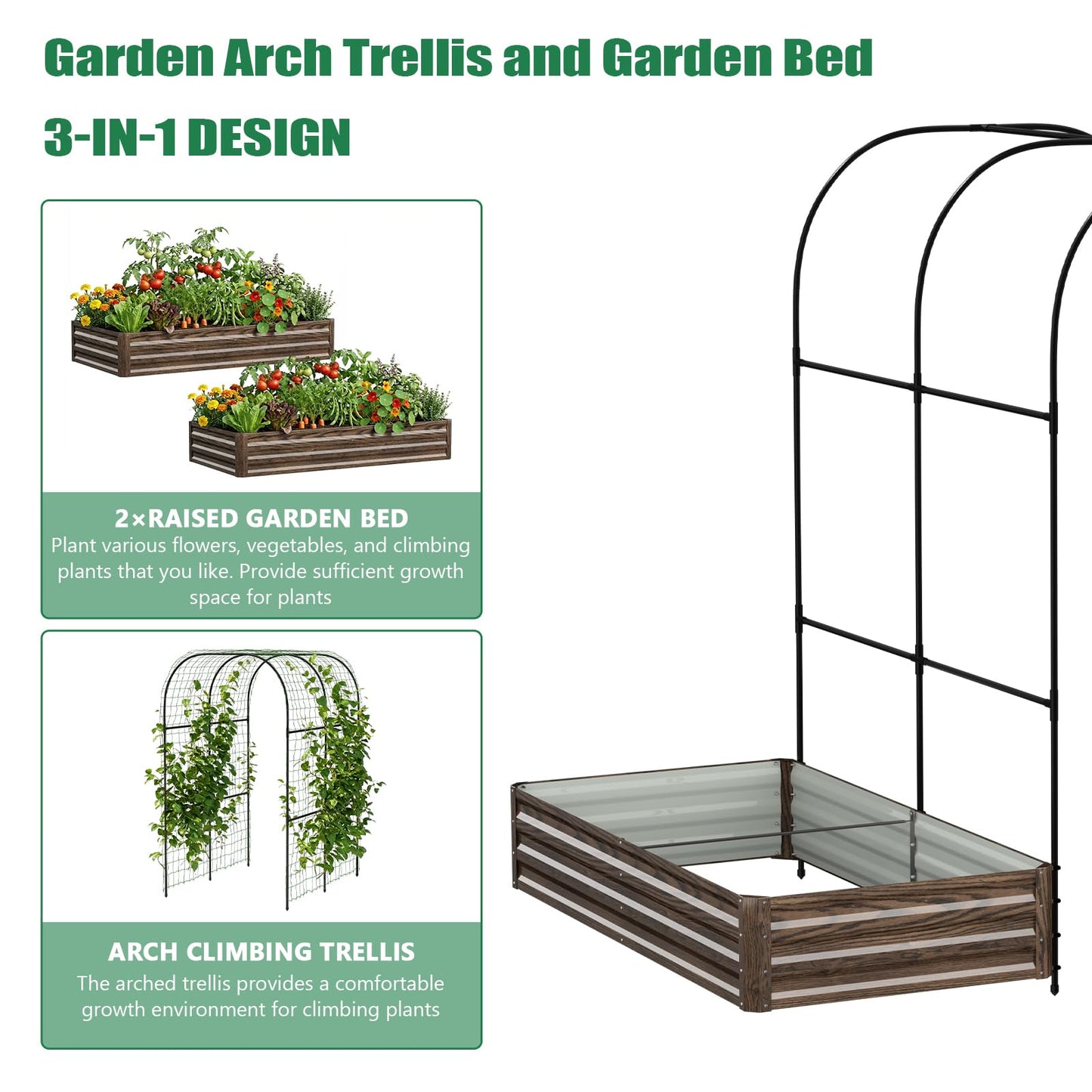 SUNYRISY Galvanized Raised Garden Bed with 87" H Arch Trellis for Climbing Plants Outdoor, Large Metal Planter Box with Netting for Gardening Flowers Vegetables Fruit, Wood Grain