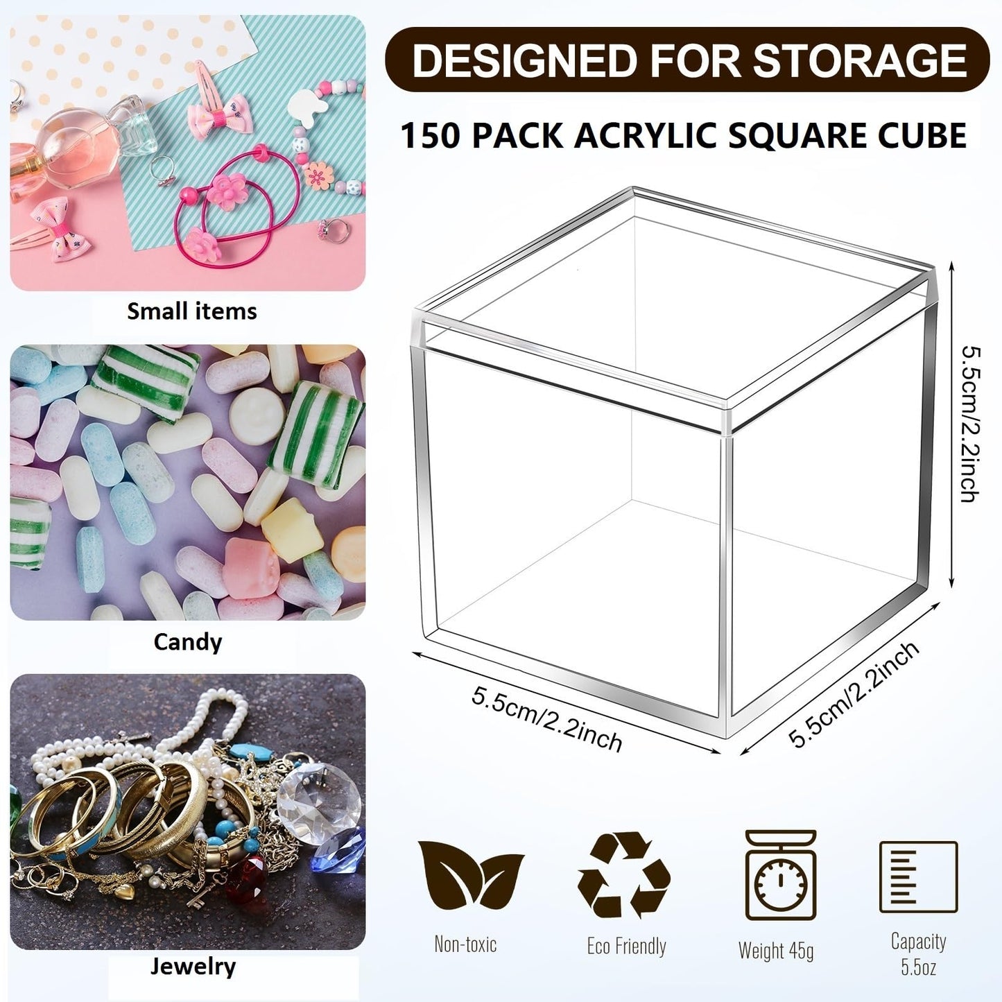 Tuanse 150 Pcs Acrylic Box with Lid Clear Small Acrylic Box Plastic Square Cube with Lid Mini Containers Display 2.2 x 2.2 x 2.2 Inch for Candy Pill Tiny Jewelry Toys Gifts