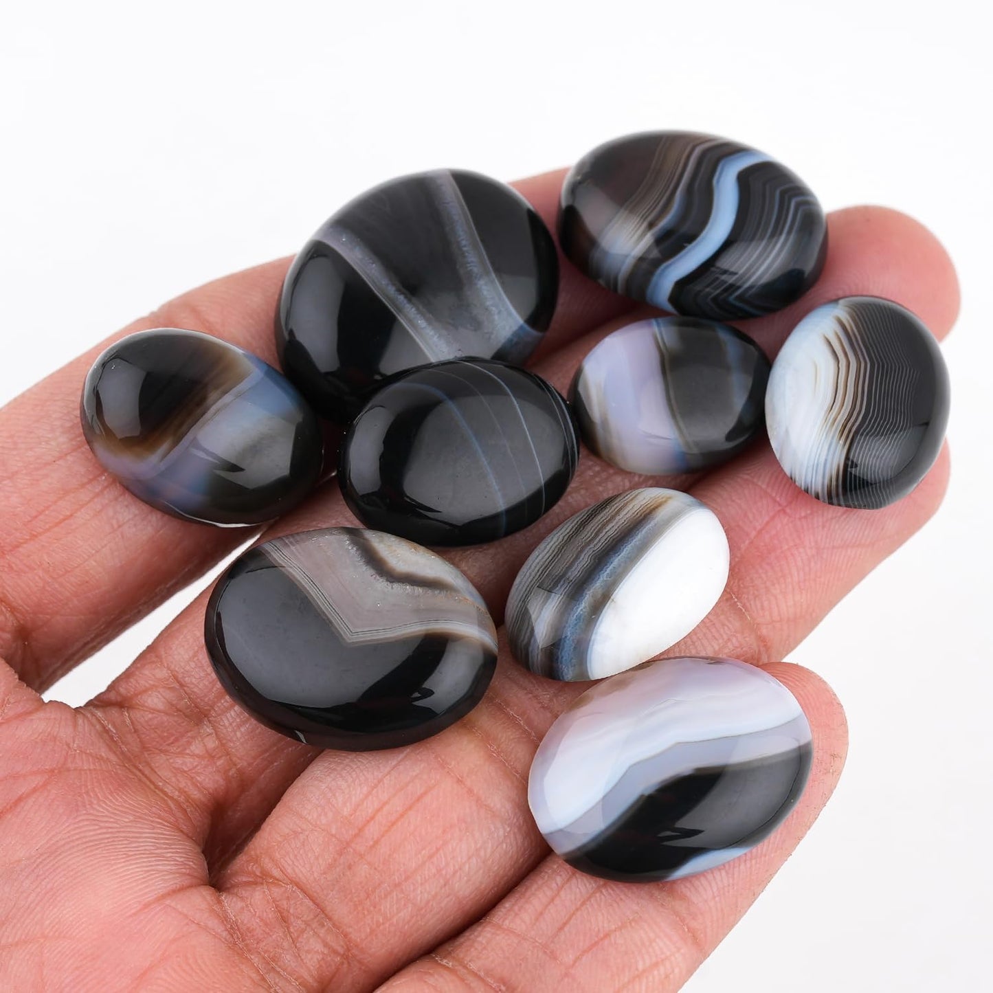 GemSymphony Natural Banded Agate Gemstone Cabochon Pack of 3 Mixed Shapes – Polished Crystal Stones for Jewelry Making Supply, Healing, Reiki & DIY Crafts, Natural Gem Cab Set for Wire Wrapping (10-20 mm)