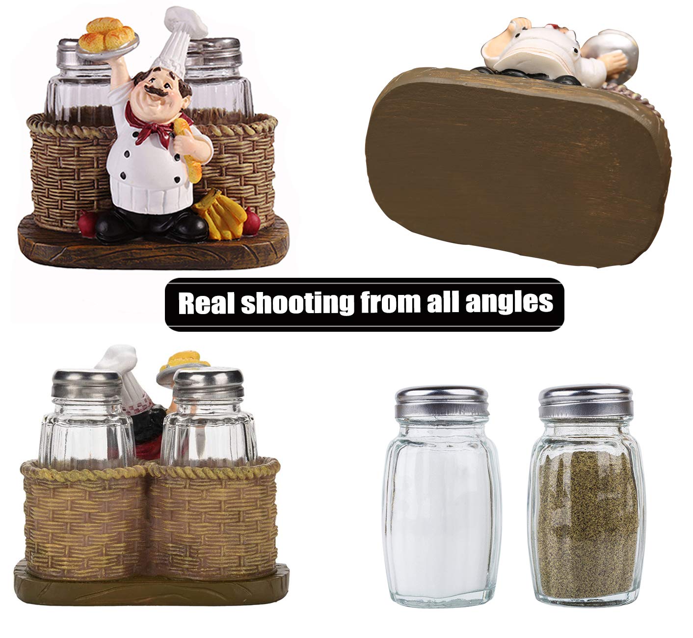 Salt and Pepper Shakers Set,Sitting Chef Decorative Statue Spice Organizer,Glass Spice Jars with Holder Figurine Gift for Family,Kitchen,Restaurant, Cafe,Bakery (Bread)