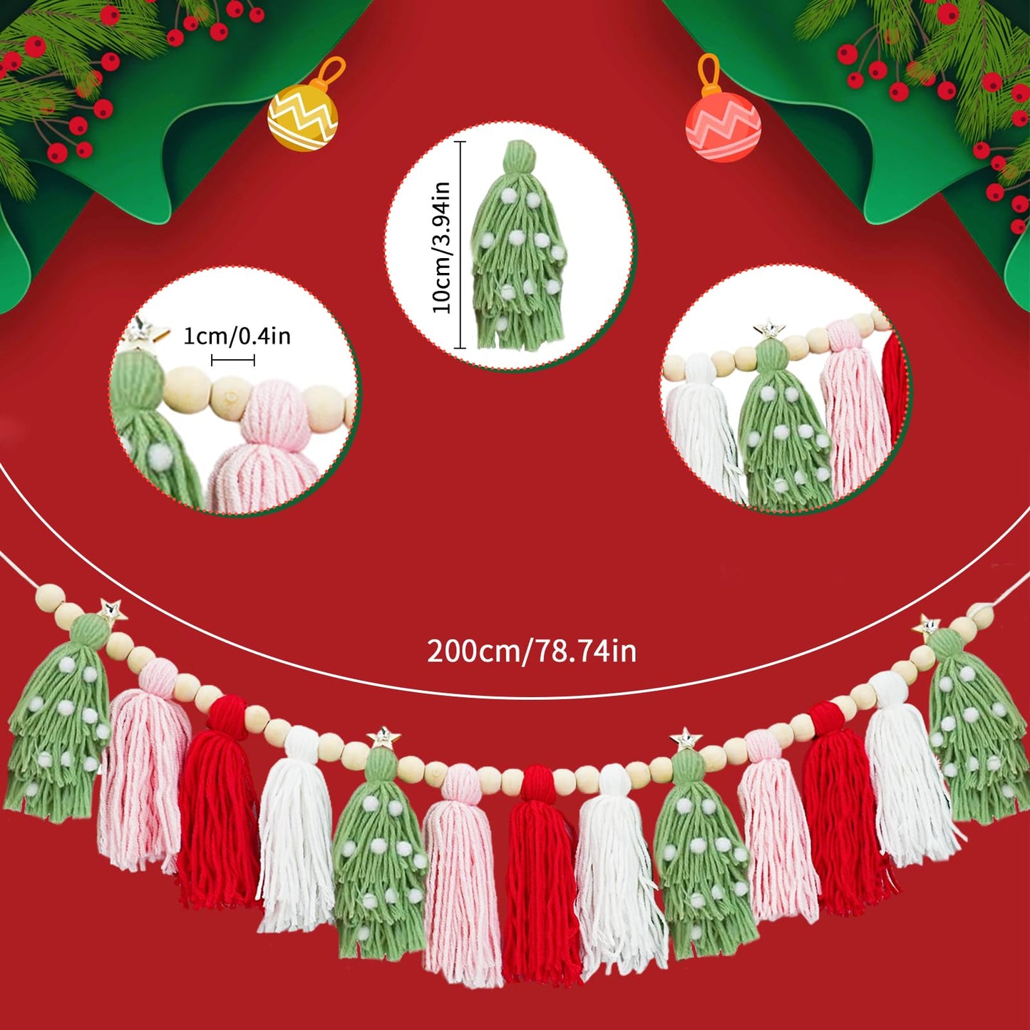 Boho Tassel Christmas Garland - Christmas Party Decorations Banner for Xmas Birthday Holiday Party - Christmas Wall Hanging Decor for Christmastree, Fireplace,Bedroom,Office,Classroom