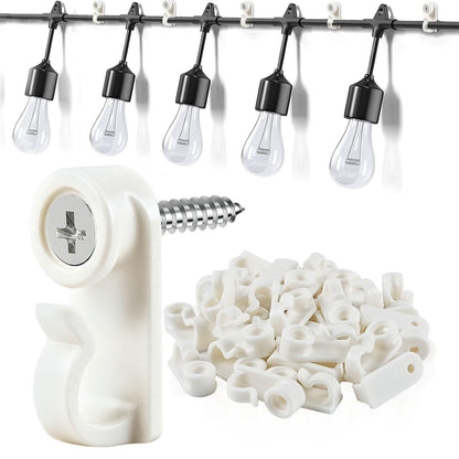 50 Pack Hooks for Outdoor String Lights, Christmas Light Clips bulk with Screw, Weatherproof Light Hanger Hooks for Hanging Christmas Lights,Wall Cable,Fairy Lights on Fence Patio Gutter (White)