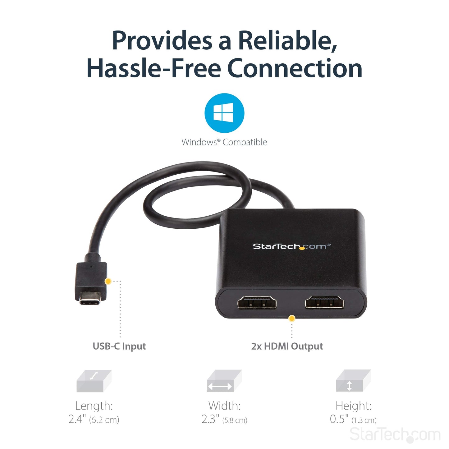 StarTech.com USB-C to Dual HDMI Adapter, USB Type-C Multi-Monitor MST Hub, Dual 4K 30Hz/1080p 60Hz HDMI Laptop Display Extender/Splitter, Extra-Long Built-In Cable, Windows Only (MSTCDP122HD)