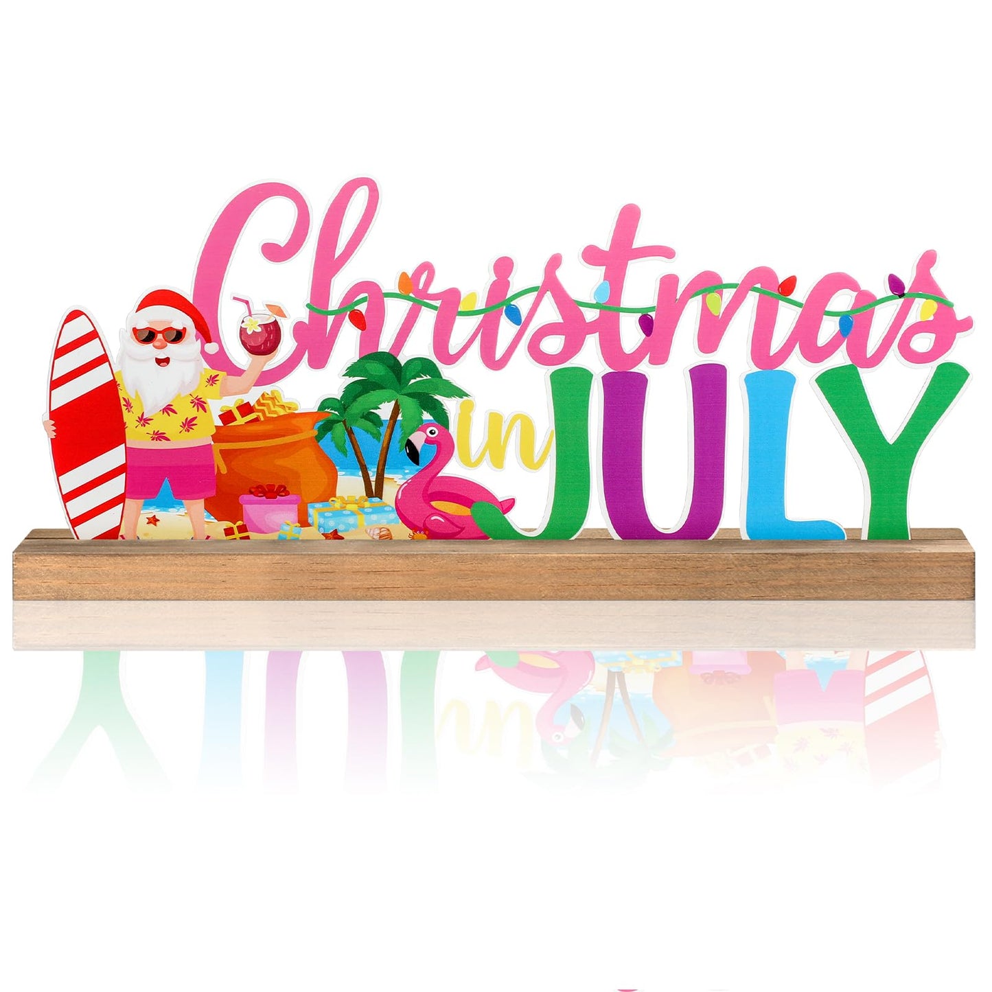 MiniInflat Christmas in July Metal Sign Rustic Table Decor Holiday Tiered Tray Decor with Wooden Base Freestanding Metal Word Sign for Home Tabletop Centerpiece Mantel Shelf Fireplace