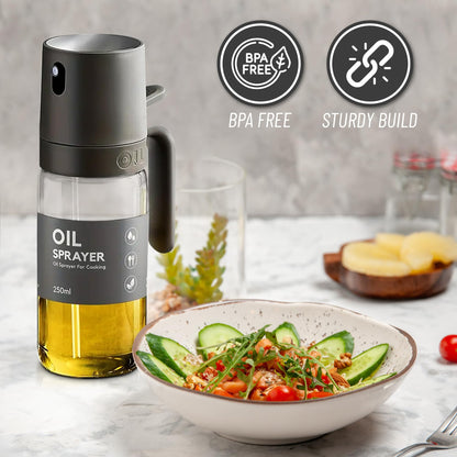 Oil Sprayer Kitchen Gadget for Cooking High Borosilicate Glass Oil Sprayer Mister, 250ml Olive Oil Spray Bottle for AirFryer, Salad, BBQ, Kitchen Baking, Roasting, Dark Gray