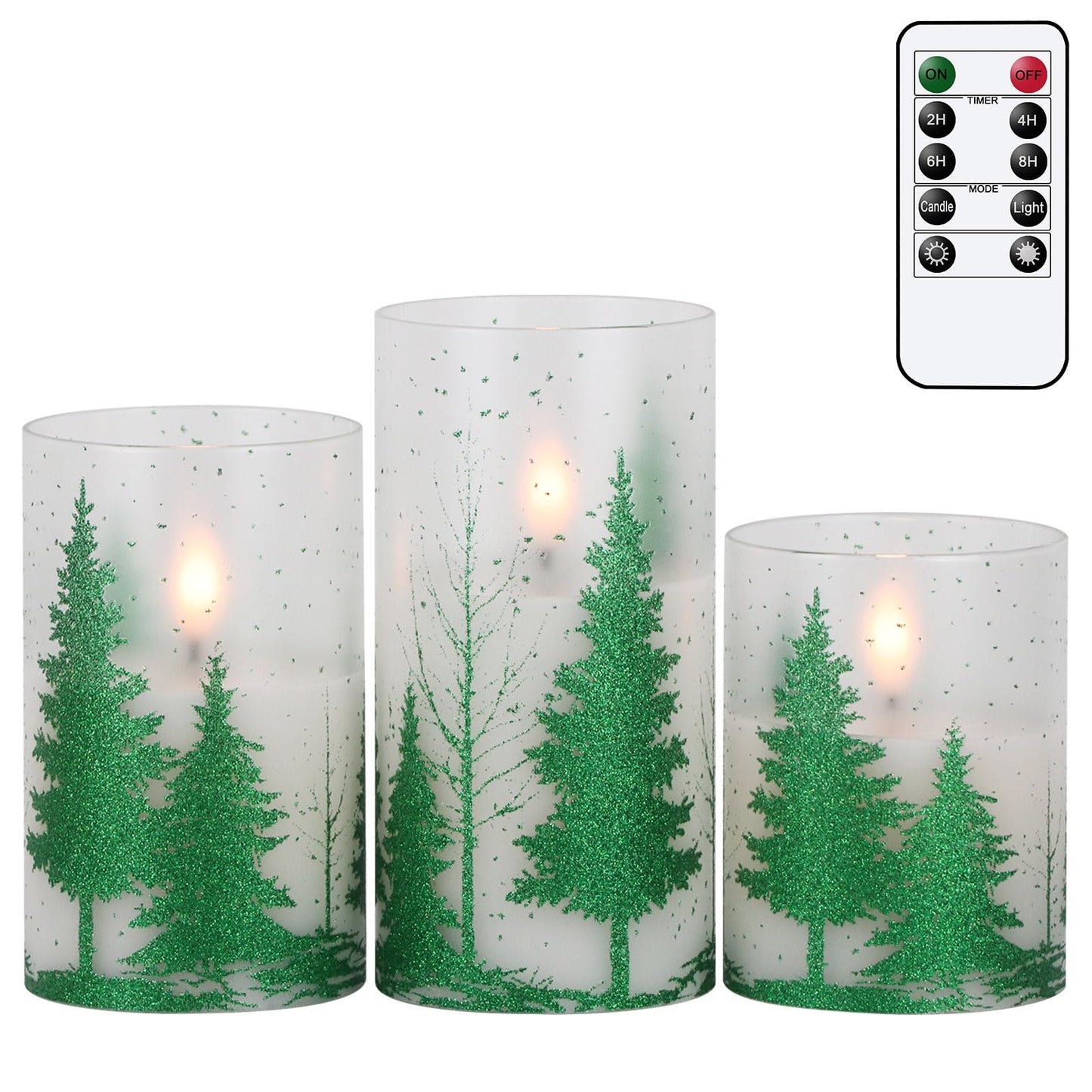 Wondise Glass Flickering Flameless Candles with Remote and Timer, Battery Operated 3D Wick LED Candles Christmas Tree for Christmas Holiday Home Decoration, Set of 3(D3 x H4,5,6 Inch)