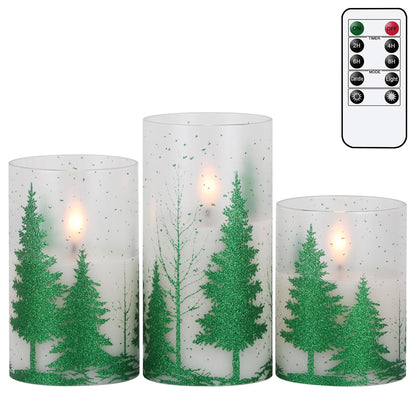 Wondise Glass Flickering Flameless Candles with Remote and Timer, Battery Operated 3D Wick LED Candles Christmas Tree for Christmas Holiday Home Decoration, Set of 3(D3 x H4,5,6 Inch)