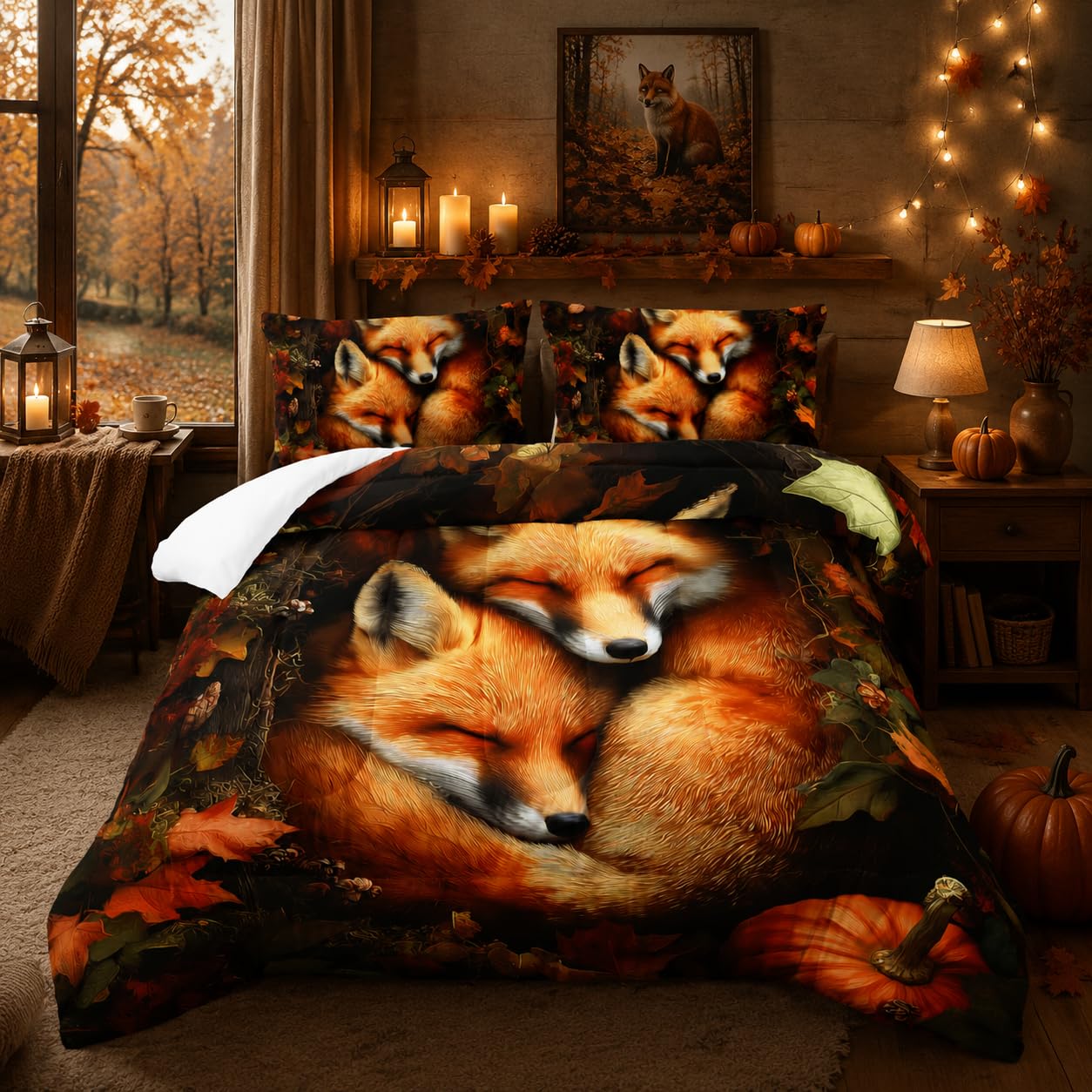 Nttopship Fox Comforter Set 3-Pieces Twin Size,Cute Foxes Bedding Set for Kids Boys Girls Cute Animal Comforter Wildlife Quilt Set 3D Animal Plants Leaves Printed ThemeComforter with 2 Pillowcases