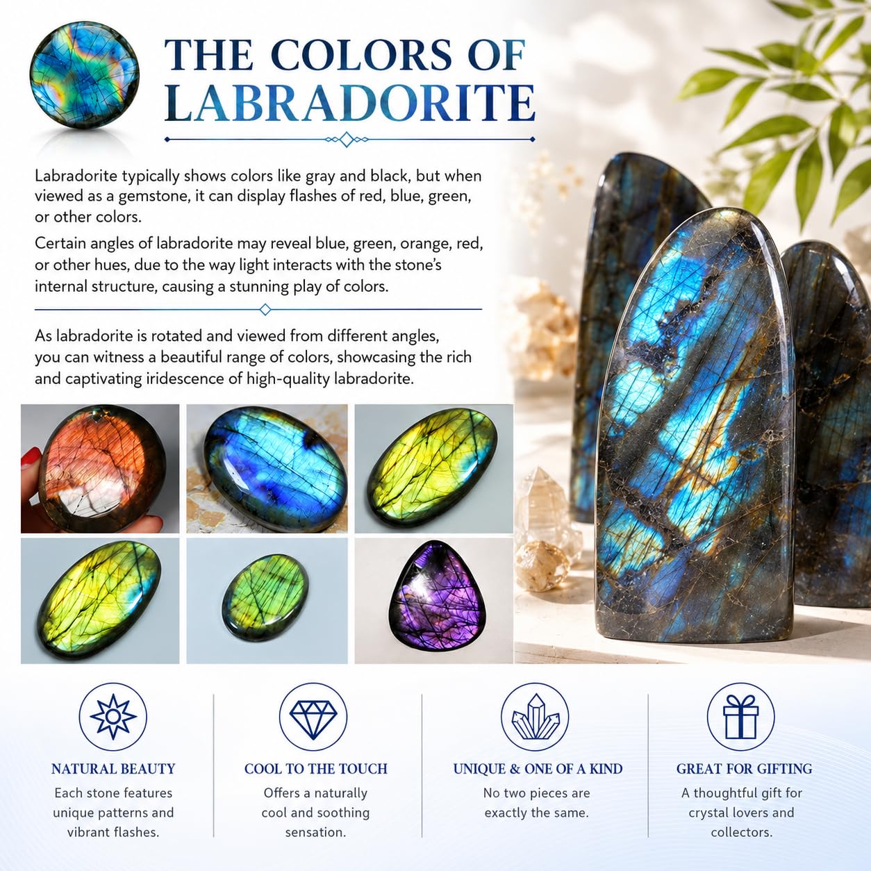 WHAL&YUNE 2.2-2.6lb Natural Labradorite Polished Stone, Gemstones Large Size Labradorite Stone Collectible Figurines with Vibrant Blue Flash for Healing, Meditation, Home Decor 1PC