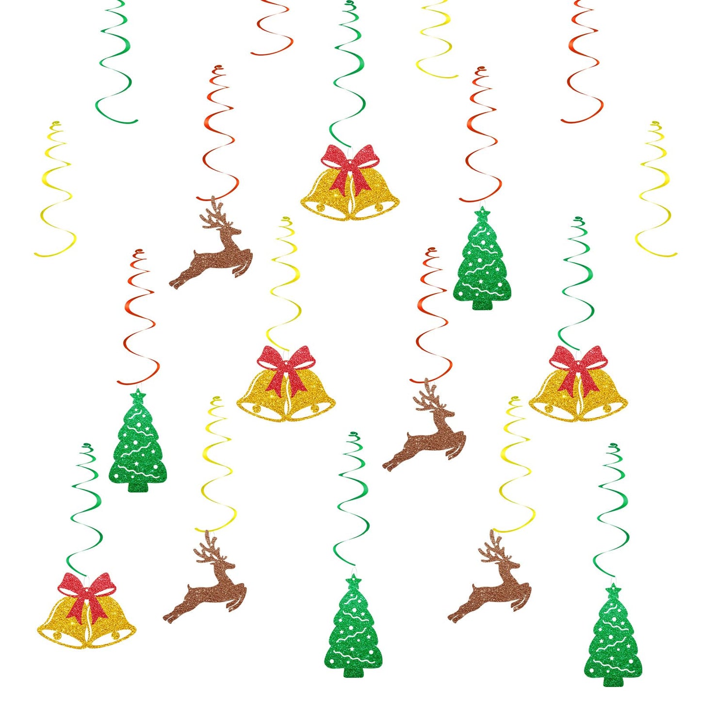 30pcs Christmas Hanging Swirls, Winter Holiday Hanging Decoration, Merry Christmas Reindeer Bells Foil Ceilling Decor, Xmas Party Favors - Gold Glitter
