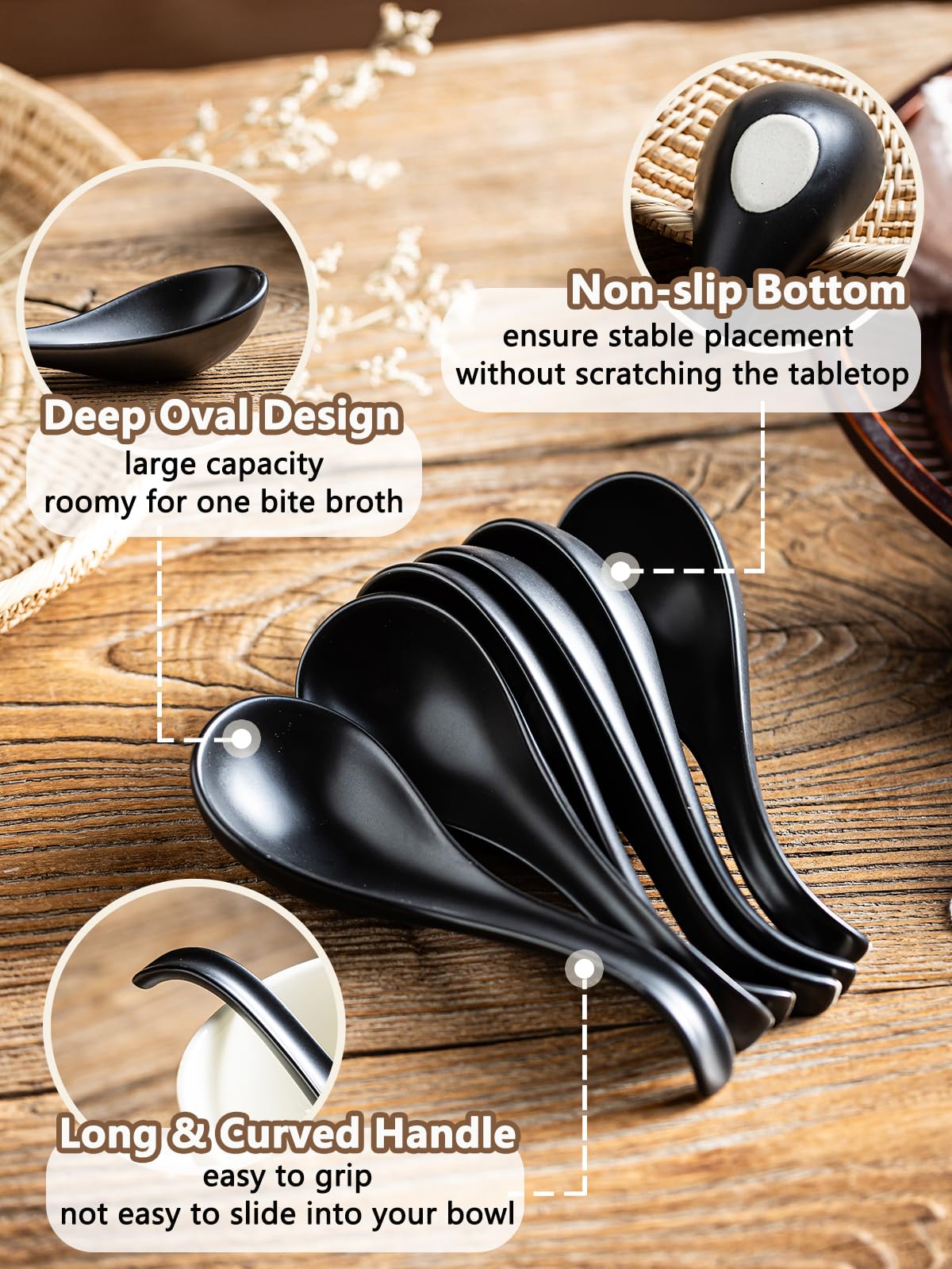 Gomakren Asian Soup Spoons, 6.5 Inch Ceramic Chinese Soup Spoons for Cereal, Ramen, Pho, Noodles, Stews, Father's Day Black Kitchen Spoons with Long Handle and Deep Oval Design - Set of 6