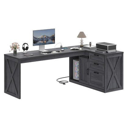 Meowloday 78'' Farmhouse L Shaped Desk, Large Home Office Desk with File Drawer and Charging Station, Computer Corner Desks with Sliding Barn Door & Storage Cabinet for Office Home, Bedroom, Grey