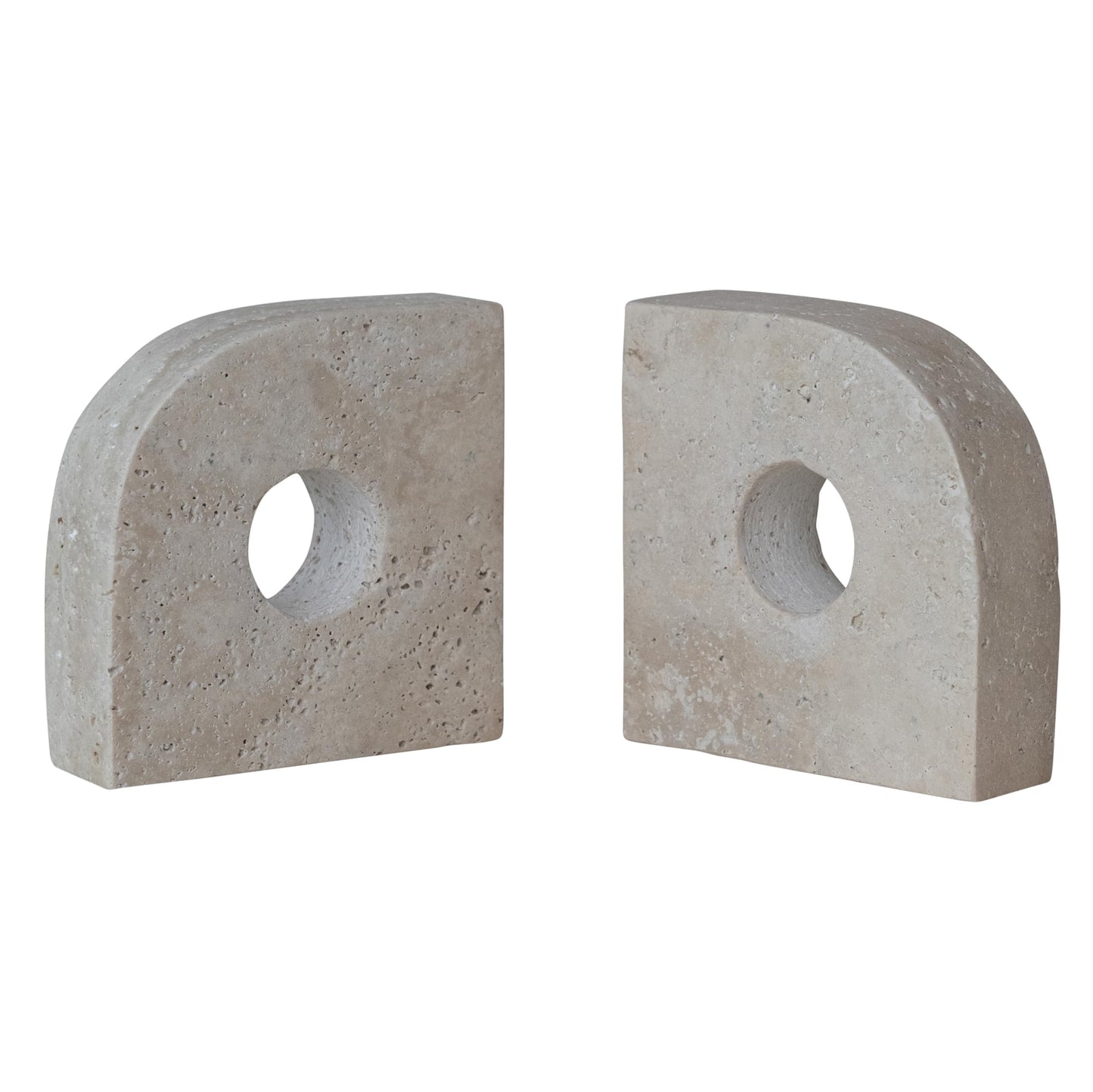 Bloomingville 2-Piece Travertine Bookends with Circle Cut-Outs, Beige