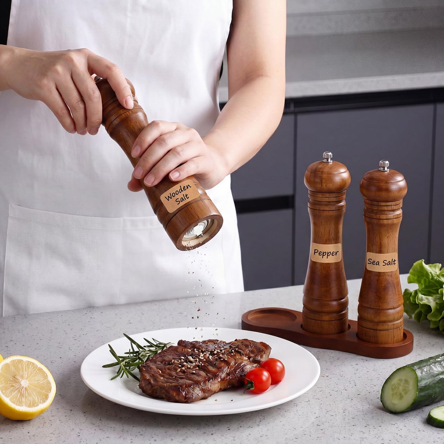 Hushee 6 Pcs Rubber Wood Salt and Pepper Grinder Set, 8 Inch Adjustable Coarseness Manual Pepper Grinder, Refillable Spice Grinders with Tray, Spoon & Cork Labels for Kitchen, BBQ, Camping