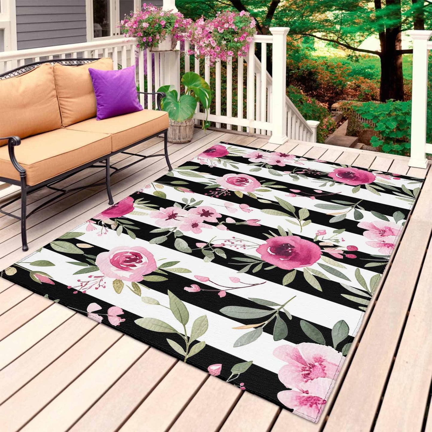 Outdoor Patio Rugs Pink Flowers Illustration Outdoor Area Rug Black and White Stripe Non-Slip Backyard/Camping RV Rug/Deck/Porch Rug Front Door Floor Mat Carpet,5x8ft,