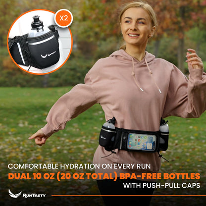 Runtasty Premium Hydration Running Belt with 2 BPA-Free 10oz Water Bottles – For Men & Women, Bounce-Free Fit, Water-Resistant Zippered Storage & Clear Tilt-Up Phone Pocket, Jogging & Marathon Ready