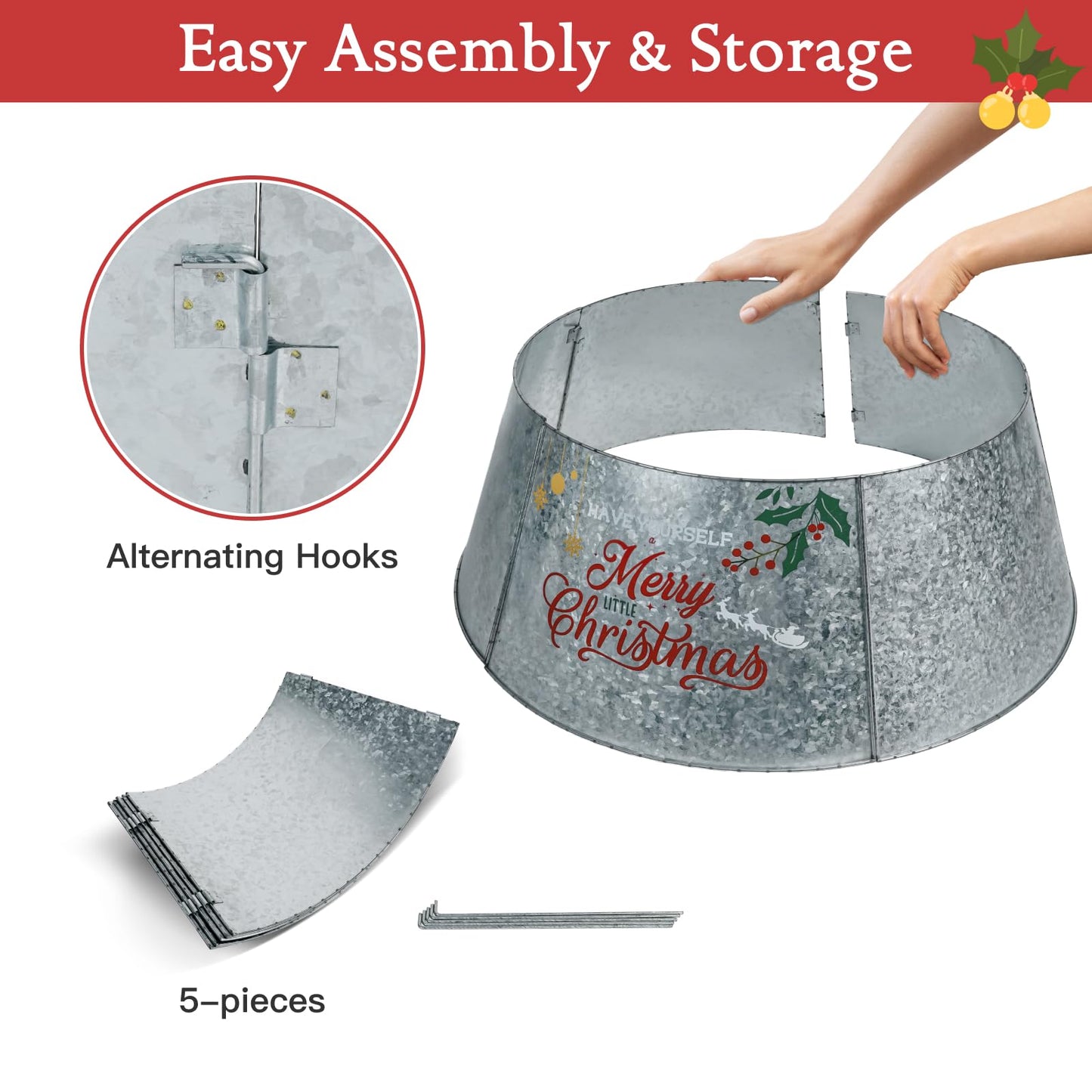 Putuo Decor Galvanized Christmas Tree Collar for 6-7.5 Ft Trees Metal Adjustable Stand Cover with Printed Merry Christmas Farmhouse Decor for Artificial Trees, 27 in Silver