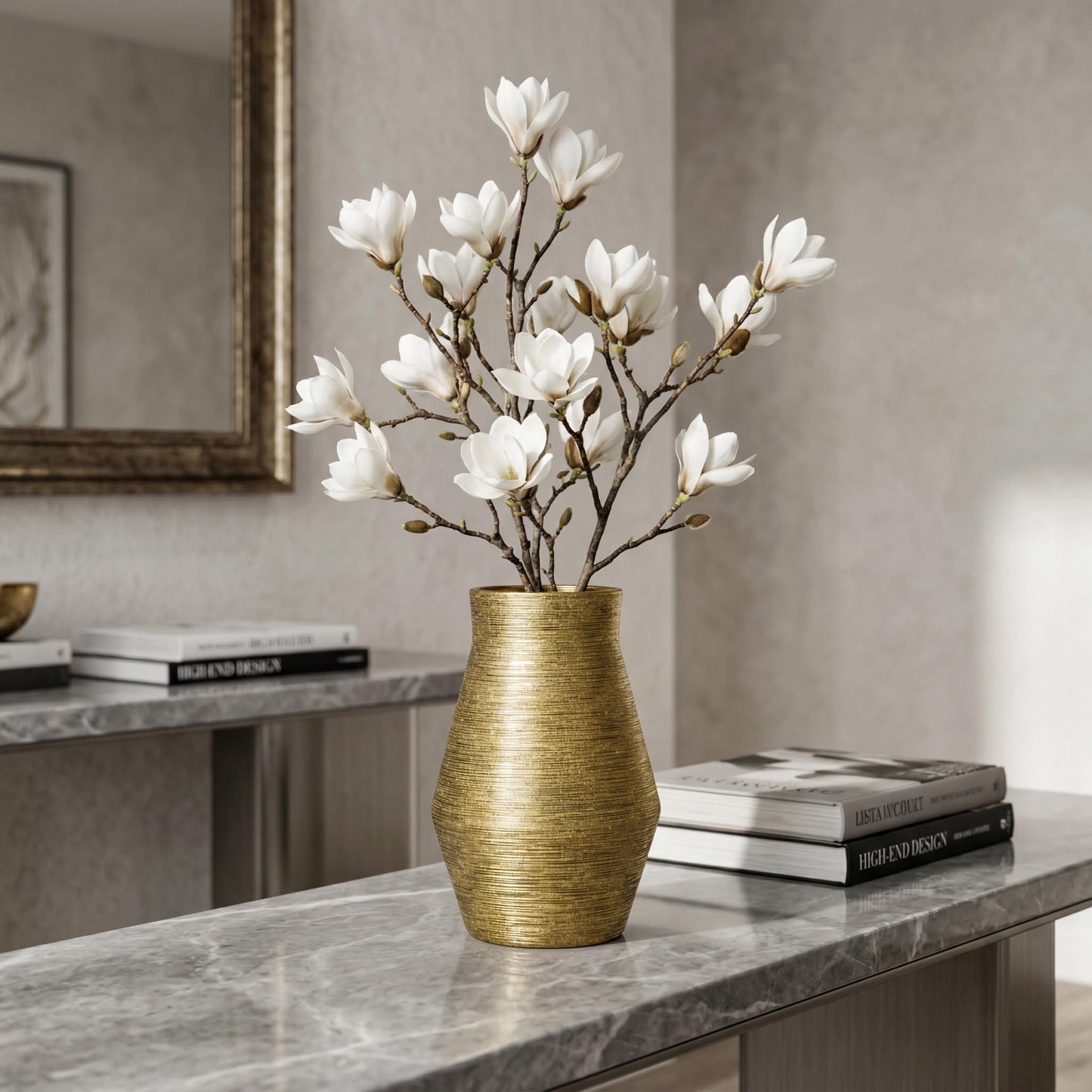 Wancetang Gold Ceramic Vase, 10 Inch Modern Pottery Vases for Centerpieces, Decorative Textured Flower Vase for Living Room, Easter Table, Dining Table, Fireplace Mantel Decor