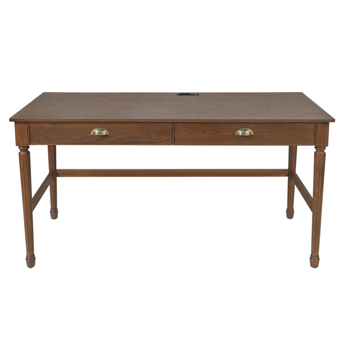 Merax 60" Home Office Desk with Power Outlets & USB, Writing Desk with 2 Drawers & Solid Rubber Wood Legs, Modern Workstation for Living Room, Bedroom & Study, Walnut