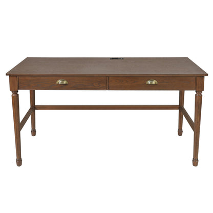 Merax 60" Home Office Desk with Power Outlets & USB, Writing Desk with 2 Drawers & Solid Rubber Wood Legs, Modern Workstation for Living Room, Bedroom & Study, Walnut