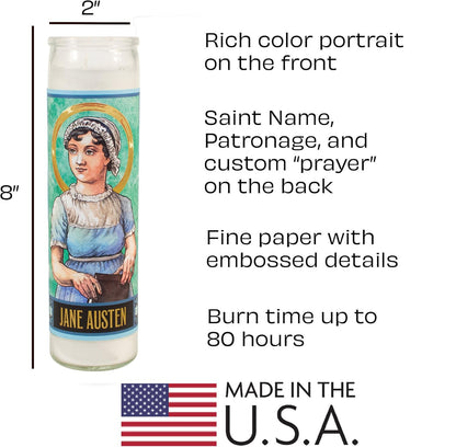 The Unemployed Philosophers Guild Jane Austen Secular Saint Candle - Unscented 8 Inch Tall Glass Prayer Votive, Made in The USA, Vegetarian Wax