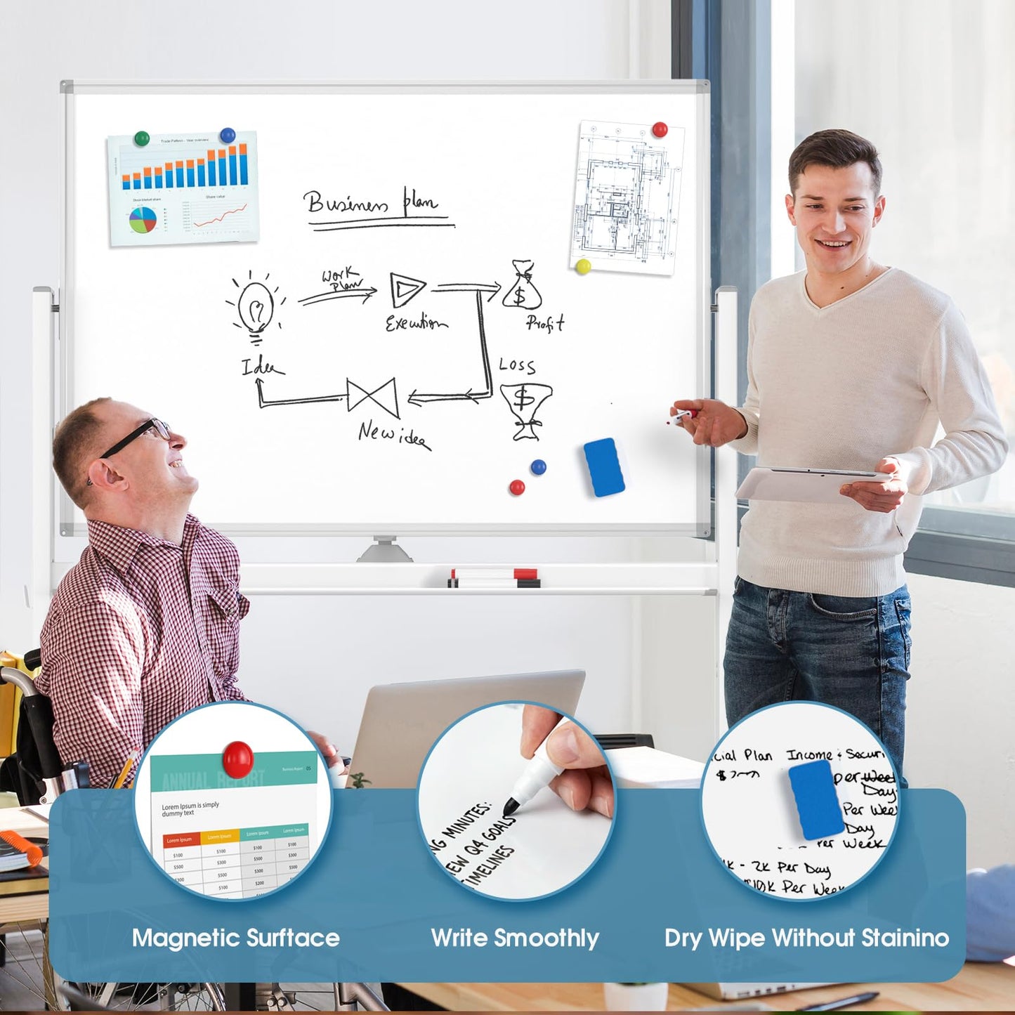 MaxGear Rolling Whiteboard, 48x32 Mobile White Board on Wheels, Double-Sided Magnetic Dry Erase Board with Stand, Adjustable Height Large Whiteboard for Home, School & Office, White