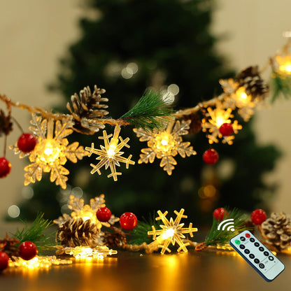 30 Led 10ft Christmas Garland Snowflake Lights, Pine Cones Red Berry Battery Operated Fairy String Lights 8 Lighting Modes with Timer Indoor Outdoor Tree Decor Fireplace Mantle Decorations Warm White