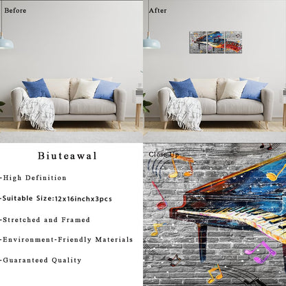 Biuteawal 3 Panels Piano Wall Art Musical Theme Painting Abstract Colorful Piano Keys Pictures Prints Music Room Decor Framed Ready to Hang