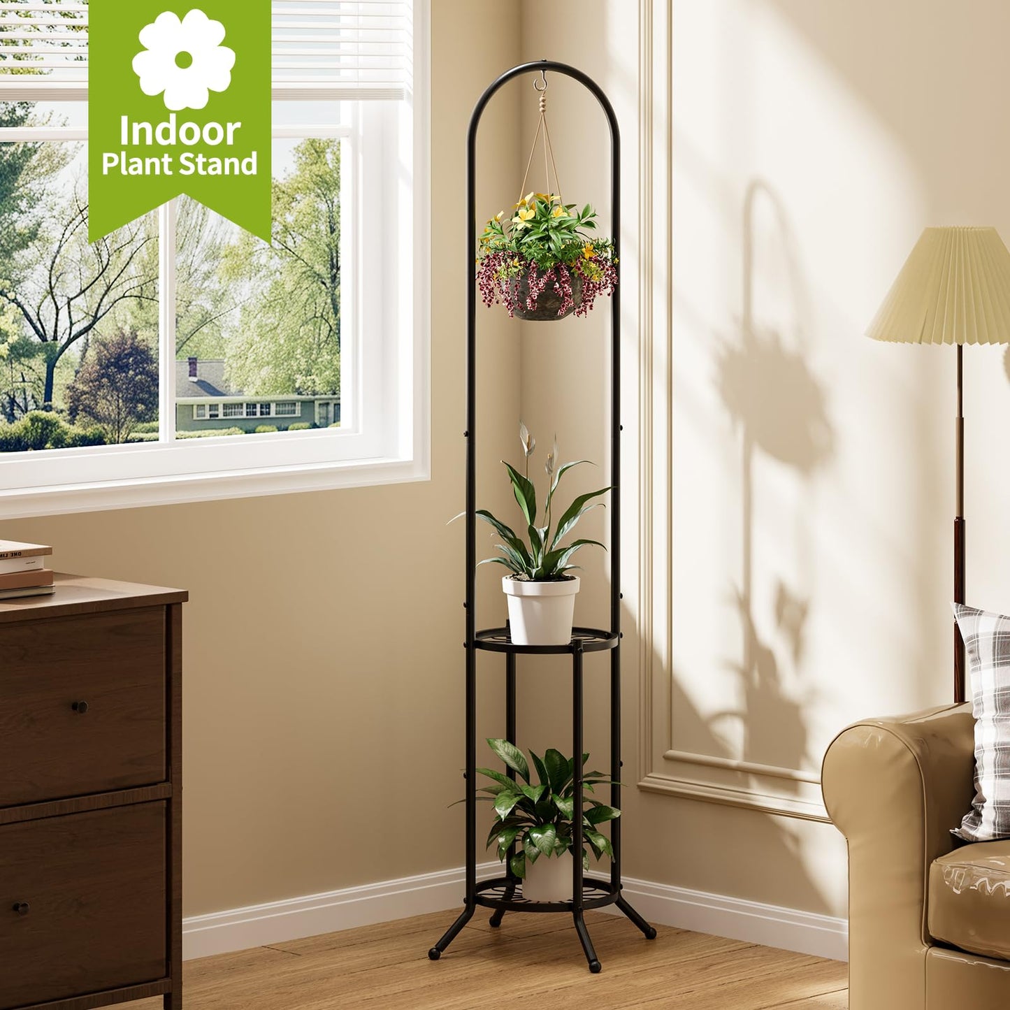 BMOSU Plant Stand with Hooks Indoor Outdoor Corner Tall Plant Stand Heavy-Duty Metal 3-Tier Plant Shelf Holder Rack for Patio Garden Balcony Living Room Bedroom(circular Black)