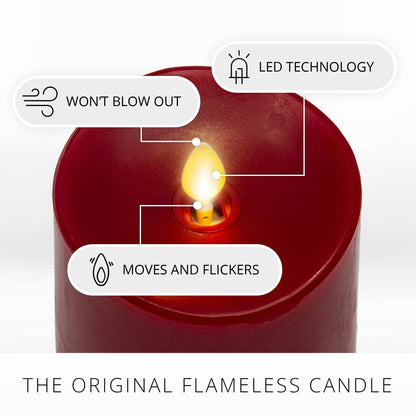 Luminara Flameless Flickering Melted Edge Set of 3 Candles, Battery Operated & Timer Function, Remote Included, Unscented Paraffin Burgundy Wax LED Light Pillar, Christmas Holiday Décor