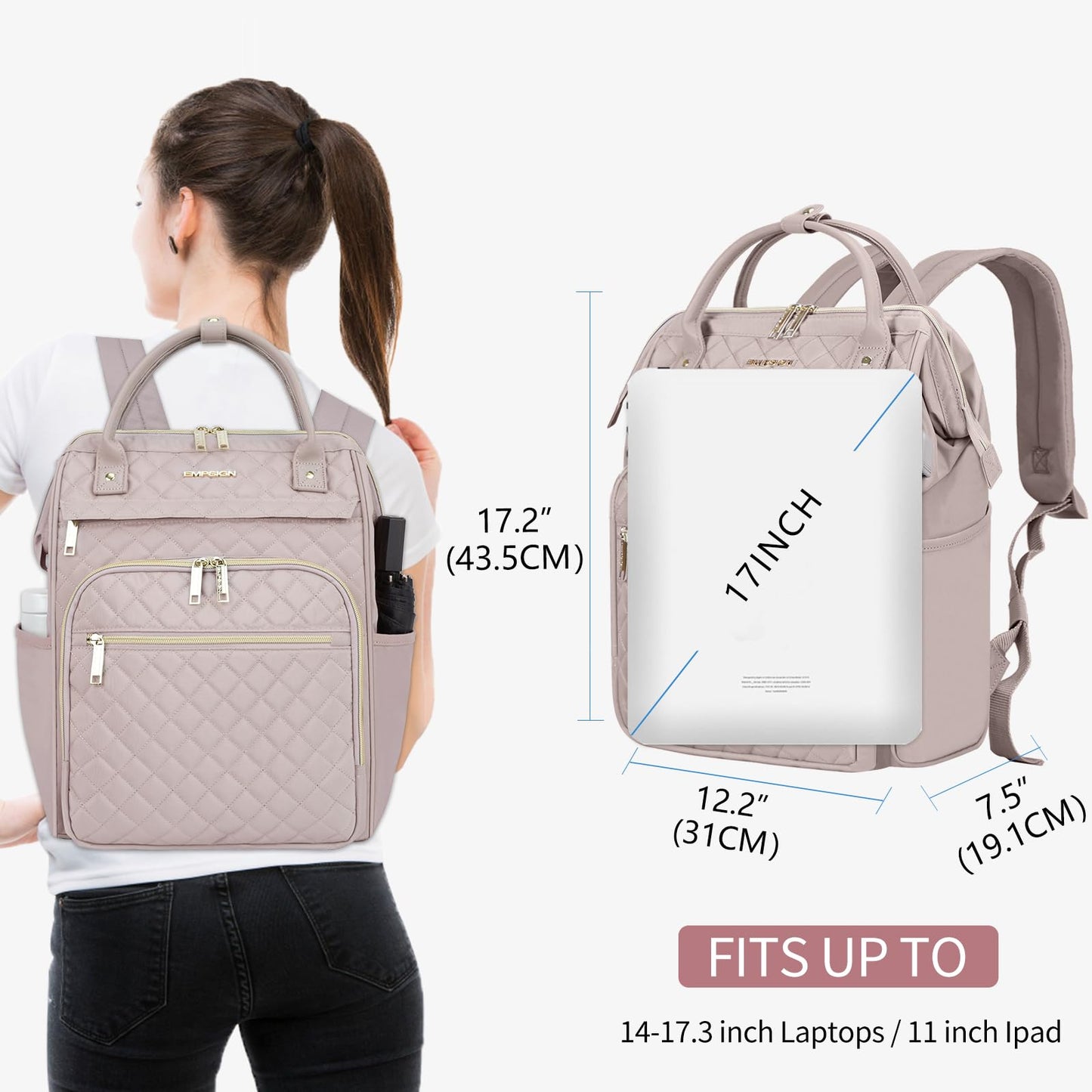 EMPSIGN Laptop Backpack Women 17 Inch, Large Laptop Rucksack Wide Open, College School Backpack with USB Charging Port, Water Repellent Travel Business Work Bag Computer Bookbag for Men, Dusty Pink