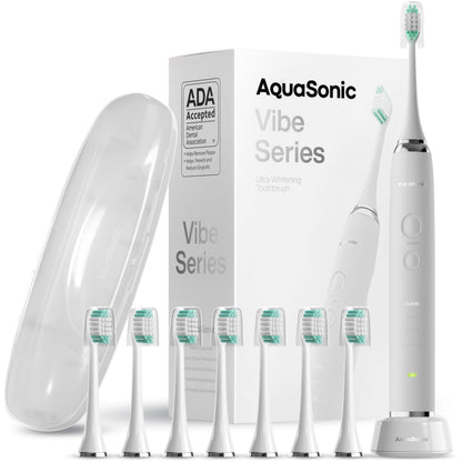 Aquasonic Vibe Series Ultra-Whitening Toothbrush – ADA Accepted Electric Toothbrush - 8 Brush Heads & Travel Case – 40,000 VPM Motor & Wireless Charging - 4 Modes w Smart Timer – Satin Rose Gold