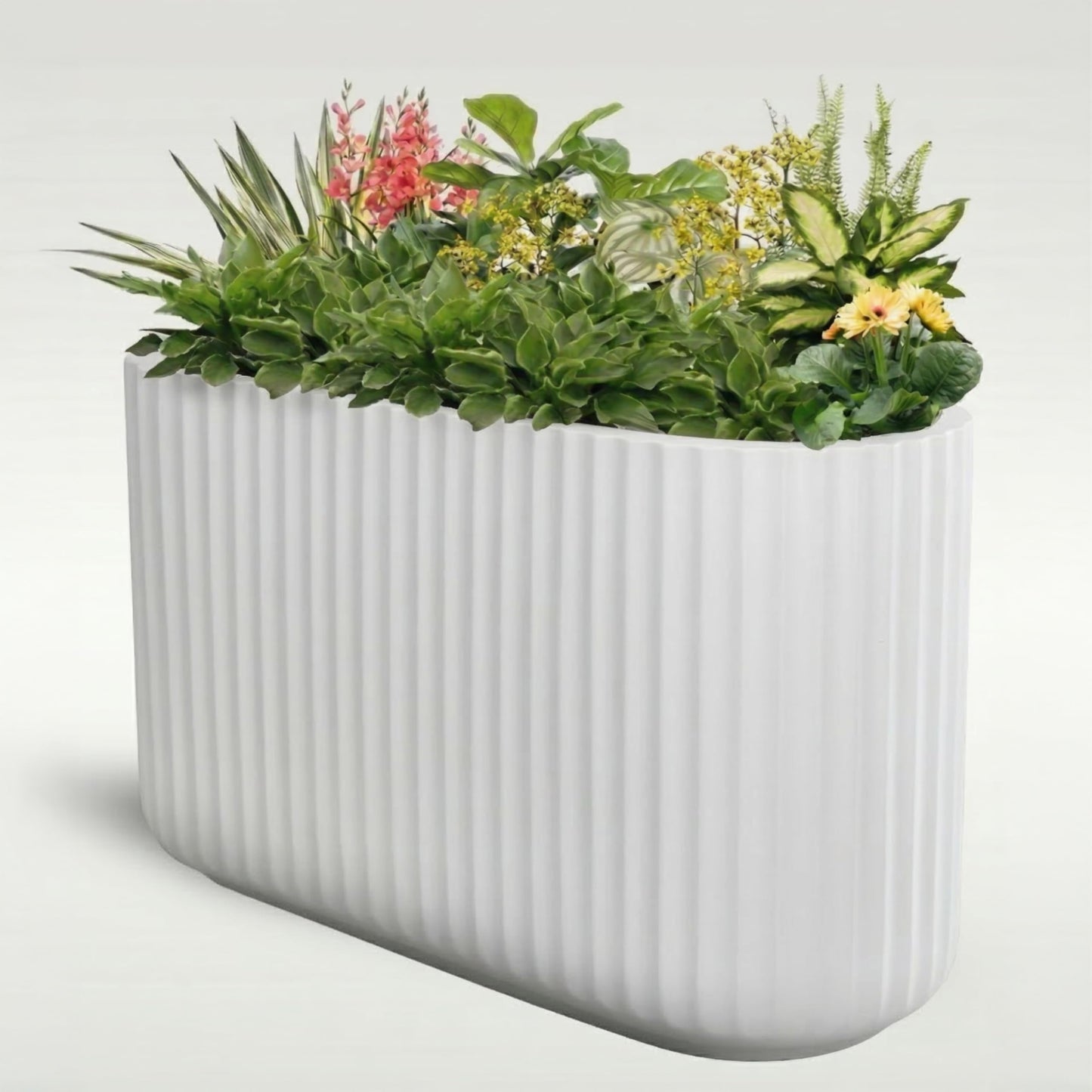 Wil & Vic 89s 15" H x 24" L Sirius Fiberglass Planter, Round Indoor and Outdoor Plant Pot with Drainage Hole, Lightweight, Durable Minimalist Home, Included Extra Coco Mats, White