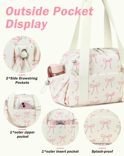 LOIDOU Mini Gym Bag for Women Girls, Small Corduroy Sports Duffel with Wet Pocket and Adjustable Strap, Cute Bow Workout Yoga Dance Tote, Travel Carrying Fits Shoes (Pink Bow-Beige)