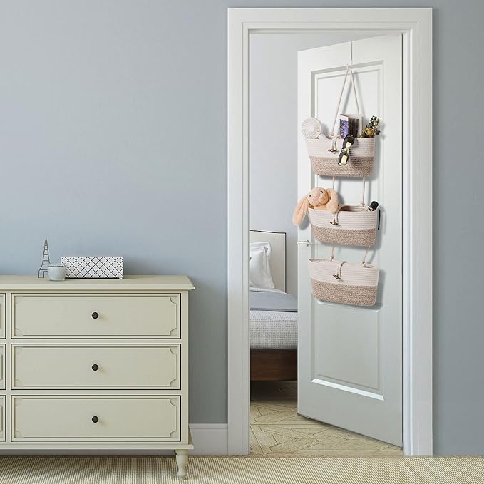 Over the Door Basket Cotton Rope Organizer, 3-Tier Wall Hanging Storage Basket