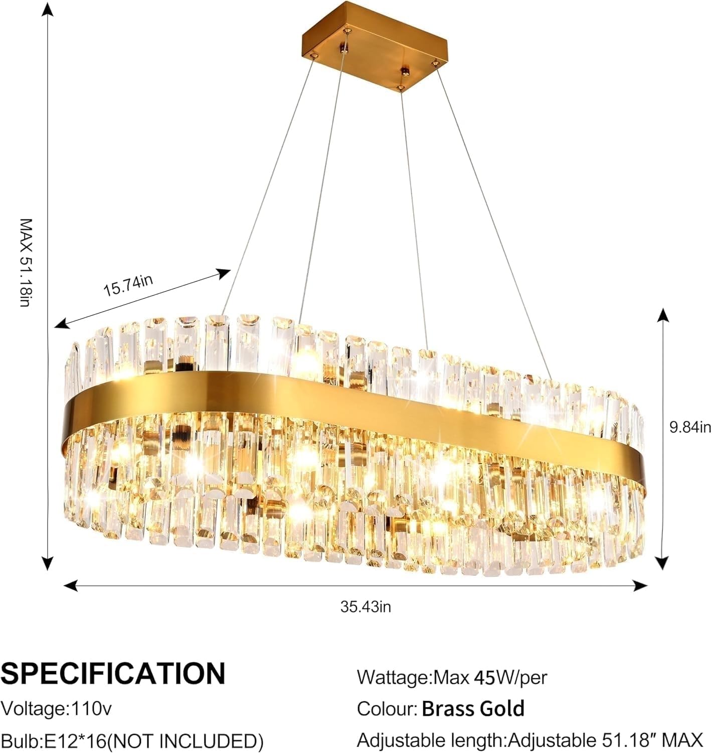 MADEM Modern Chandelier for Dining Room,16-Light Brass Gold 2-Tiers Rectangle Chandelier with Adjustable Length 51.18",Crystal Chandelier for Living Room, Dining Room,Kitchen Chandelier Over Table