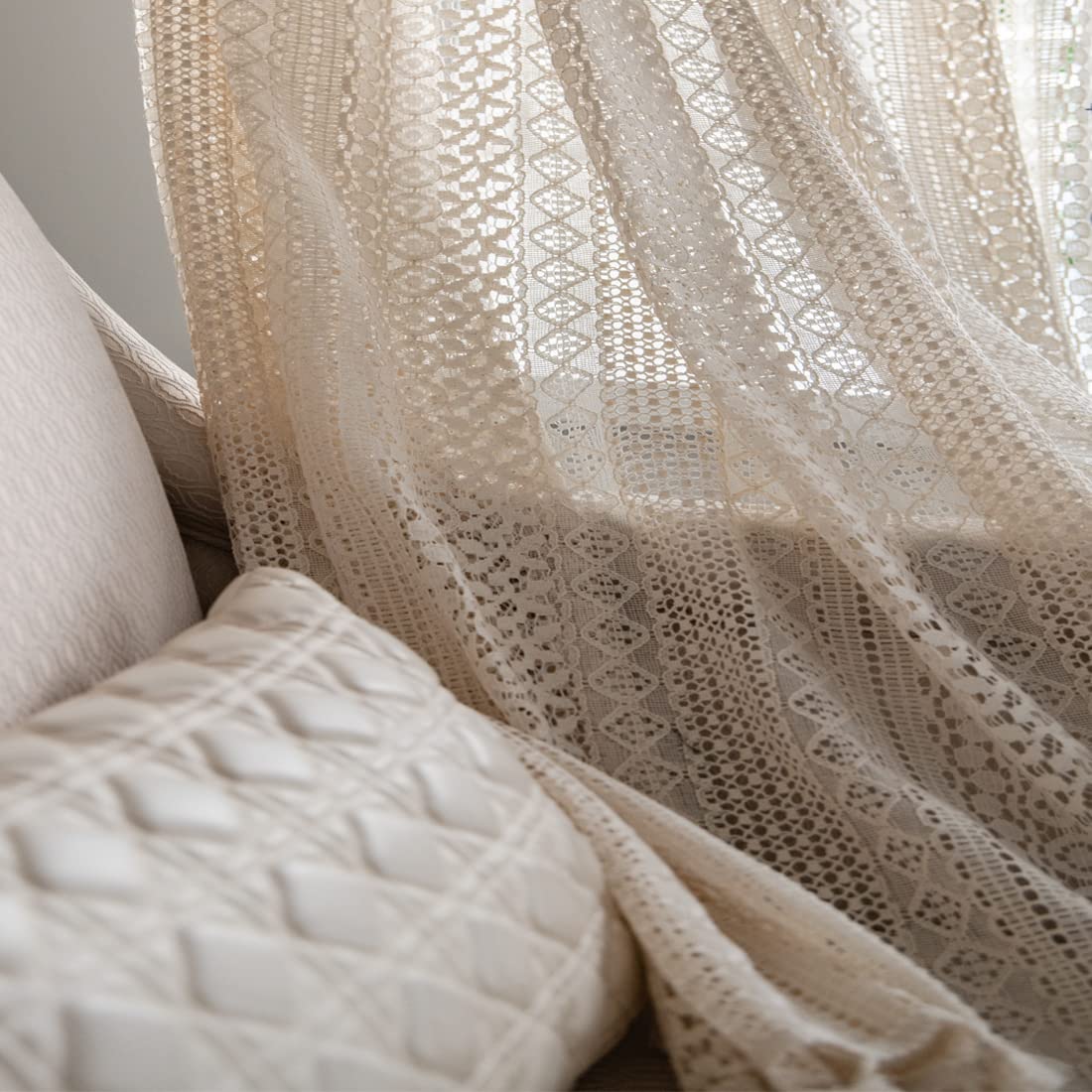 Boho Curtains for Living Room Bedroom, 63 inch Length 2 Panels Set Cotton Linen Semi Sheer Farmhouse Window Curtains with Tassels & Rod Pocket, Beige Lace Crochet Rustic Floral Long Curtain Drapes