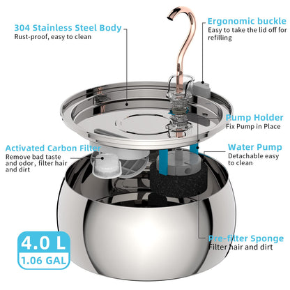 Tomxcute Cat Water Fountain - 4.0L/135oz Gooseneck Copper Faucet Design Cat Fountain for Drinking - Large Capacity Stainless Steel Cat Water Fountains - Comes with 3 Replacement Filters