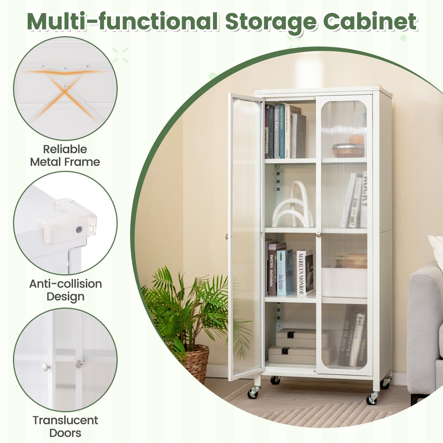 Giantex Bookcase with Doors, 58" Tall 4-Tier Bookshelf with Wheels, Adjustable Shelves, Heavy Duty Metal Frame, Freestanding Display Storage Cabinet for Living Room Bedroom Kitchen Pantry (White)