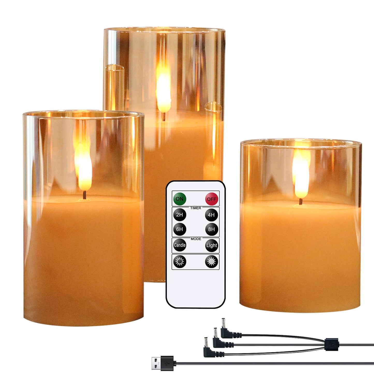 KunSwenn Rechargeable Candles with Remote, Rechargeable Flameless Candles with Timer, LED Battery Operated Candle with 3D Wick and Charging Cable for Halloween Christmas Decor(Gold)