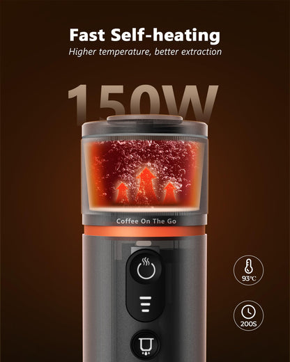 CONQUECO Self-Heating Portable Espresso Machine: Travel Coffee Maker with 13500mAh Battery - 12v Small Electric Fast Heating - Set for Ground Coffee & NS Capsule for RV, Car, Hiking, Office, Camping