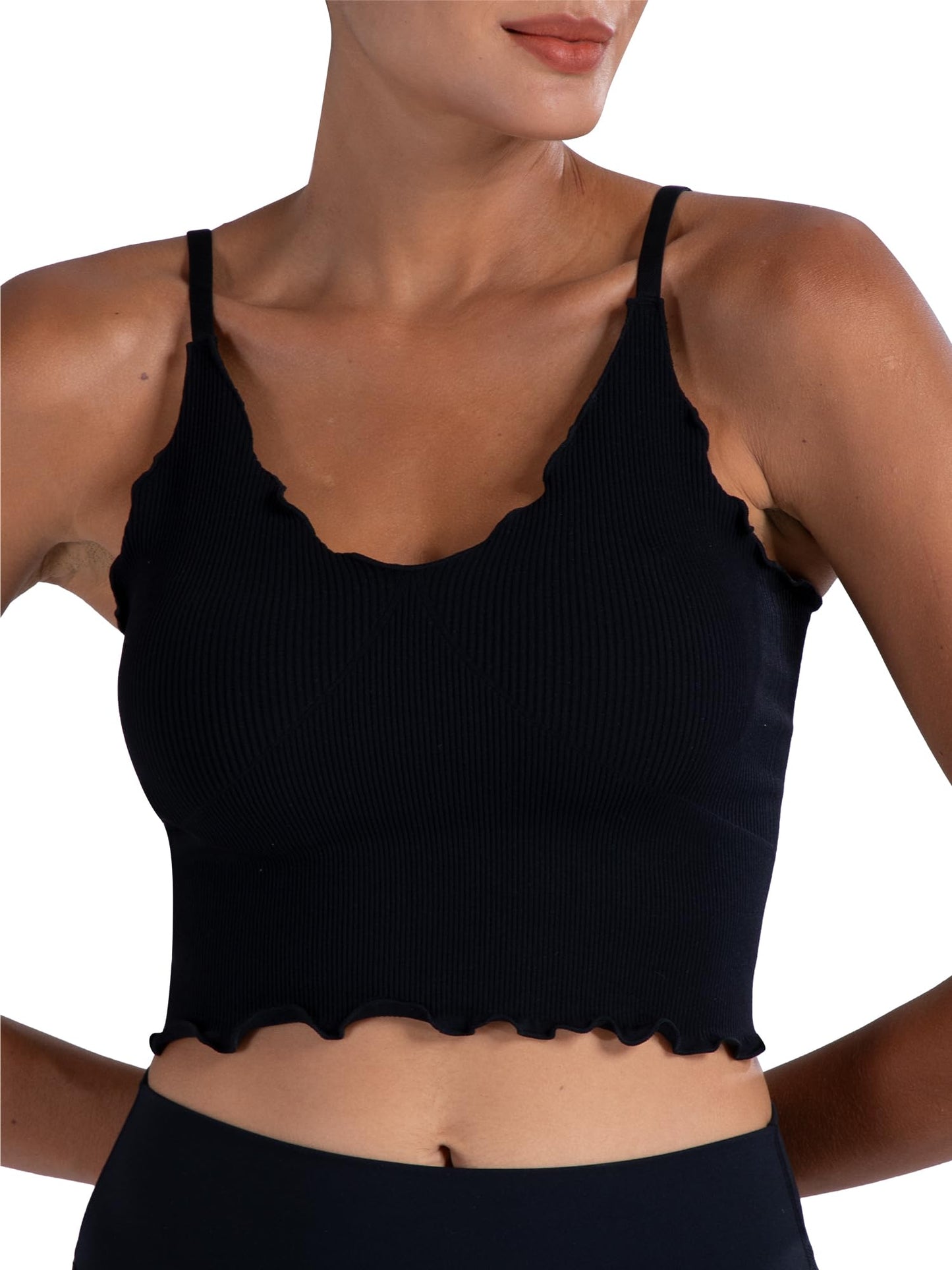 Sunzel Tank Top for Women, V Neck Cropped Seamless Ribbed Camisole with Ruffles for Workout Yoga Lounge (Black&White M-L)