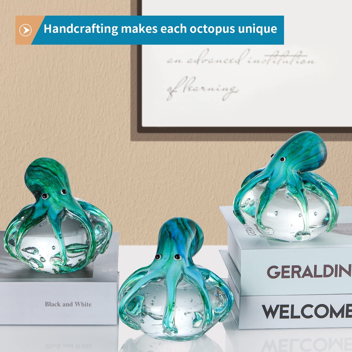 Sanbege Hand Blown Glass Octopus Figurine, Cute Sea Animal Paperweight, Collectible Nautical Statue Decor for Home, Office, Party and Gift (Blue and Green)