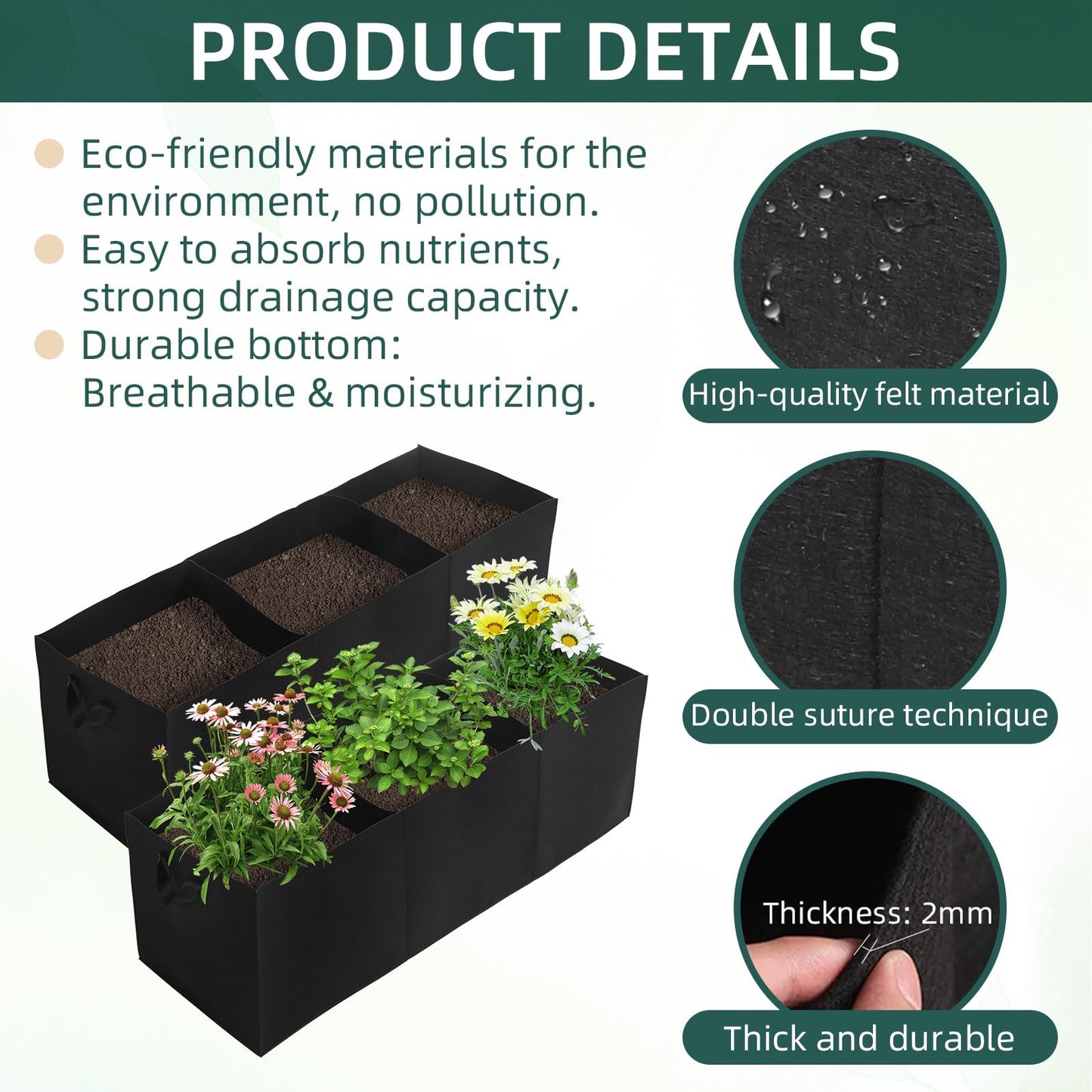 2 Pack Plant Grow Bags, 3 Divided Grids Fabric Raised Planting Bed Rectangle Raised Vegetable Planter Garden Planting Grow Pot Outdoor Planter Box for Vegetables, Flowers, Plants (Black, 120x40x40cm)