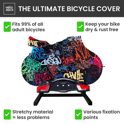 VELOSOCK Bicycle Cover for Car Racks Grafitti - Full Bike Protection, Travel-Friendly, Water-Resistant, and Durable - for ROAD bikes