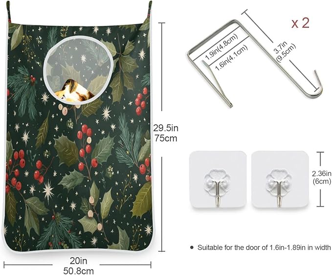 Green Christmas Holly Berries Pine Needles Leaves Hanging Laundry Hamper Door