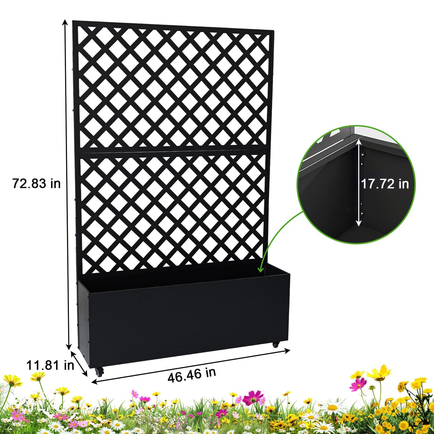 SierraSquad 70.9" x 46.5" x 11.8" Metal Raised Garden Bed with Trellis – Galvanized Planter Box with Drainage Holes & Privacy Screen for Patio, Balcony, Outdoor – Black
