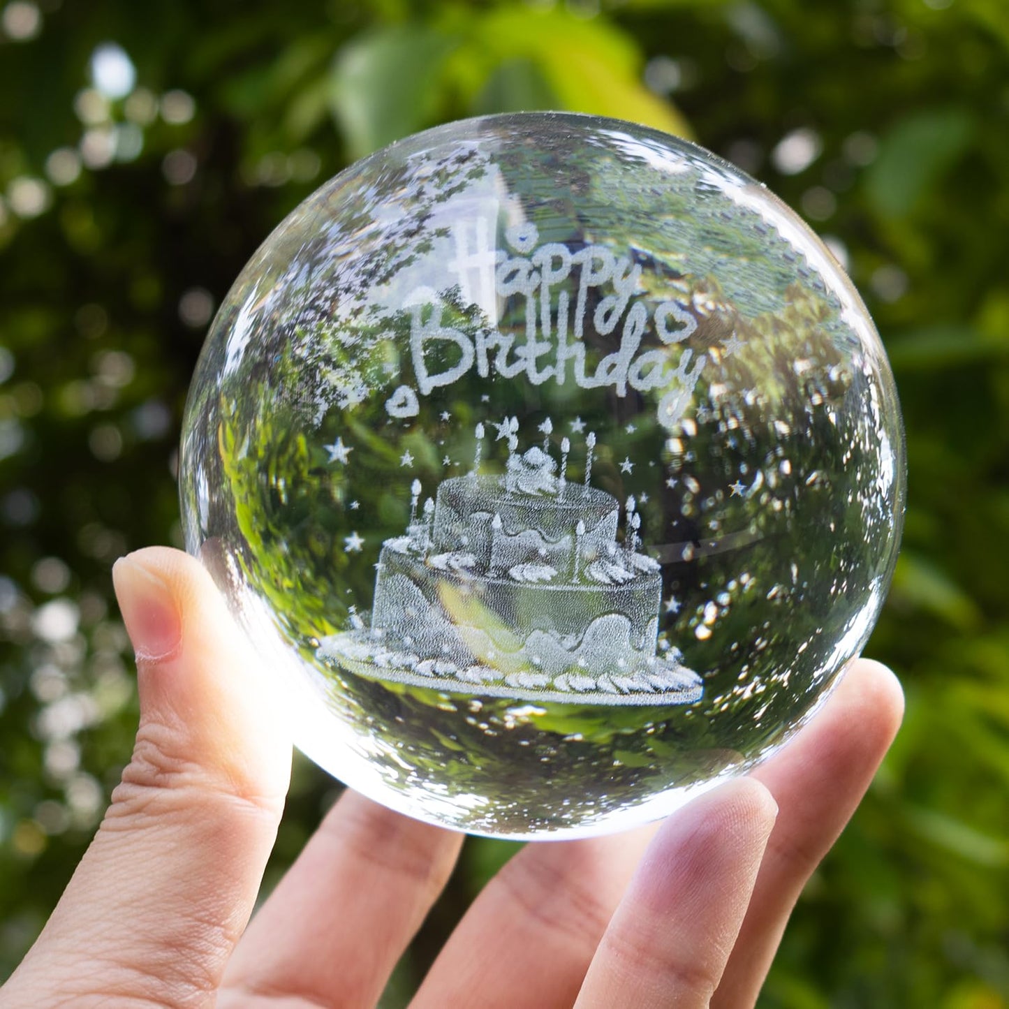 YINBEILIXU Crystal Ball with Metal Stand,3D Glass Ball Sphere, Crystal Figurine Clear Ball for Home Decoration, Party,Birthday,Anniversary,Wedding Decor, Gift,Photography (90mm, Cake)